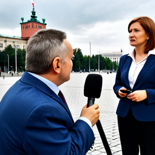 **Professional Journalist:** A female journalist in a modern, fully clothed business casual outfit (blouse, blazer, modest trousers), holding a microphone with a TVP (Telewizja Polska) logo, interviewing a politician in front of the Sejm (Polish Parliament) building in Warsaw, daytime, overcast lighting, professional photography, perfect anatomy, correct proportions, safe for work, appropriate content, fully clothed, professional.